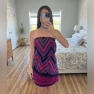 Express Strapless Pink and Purple Print Mini Dress